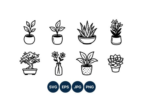 Download Black and White Potted Plants Line Art - Plant Collection